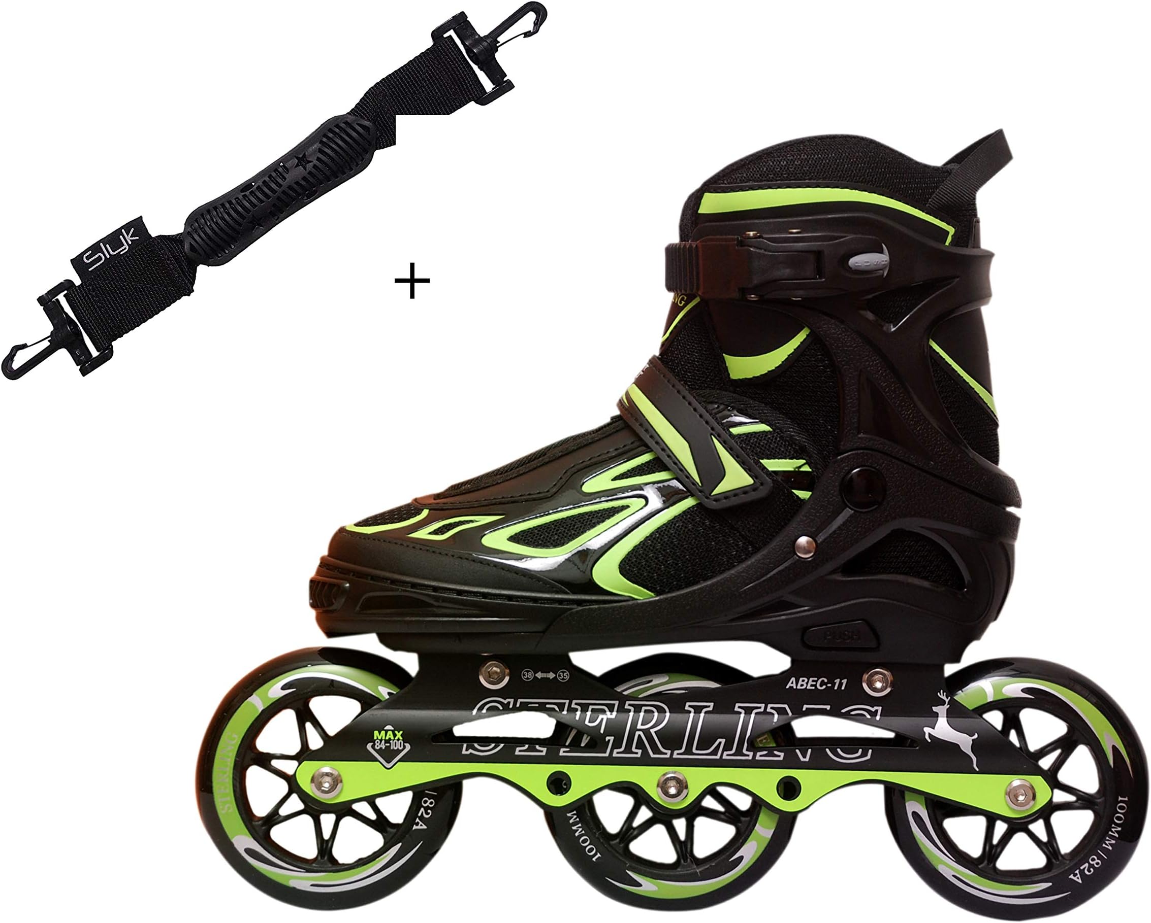 Slyk Sterling Adjustable Inline Skates 100 mm 3 - Polyurethane Speedy Wheels Tri-Skate with ABEC-11 Bearings + Carrier Buckle Hook Strap