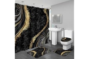 BayNook 4PCS Black Gold Marble Shower Curtain Sets with Rugs, Abstract Bathroom Sets with Shower Curtain and Rugs, Modern Bathroom Curtains Shower Set with Accessories for Bathroom Decor