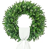 Hecaty 20'' Boxwood Wreaths for Front Door, UV Resistant Leaves & White Flower Buds, Artificial Green Spring Wreath with a Sash for Farmhouse Wedding Outdoor Indoor Summer St Patricks Day Decor