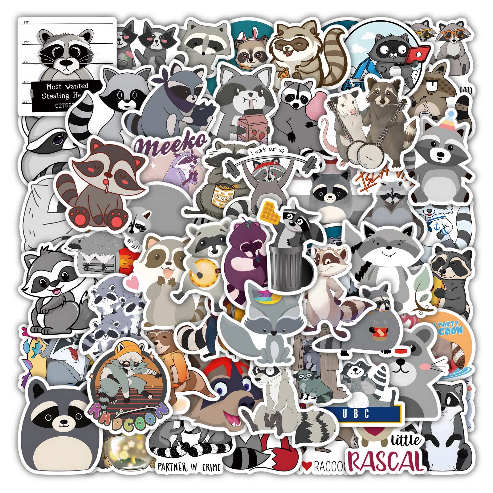 Raccoon Stickers 100 Pcs Vinyl Cartoon Funny Animal Sticker for Water Bottle Laptop Skateboard Luggage Car Bike Scrapbook Computer Notebook,Waterproof Cute Grey Raccoon Decal for Kids Teens Adults — image 1