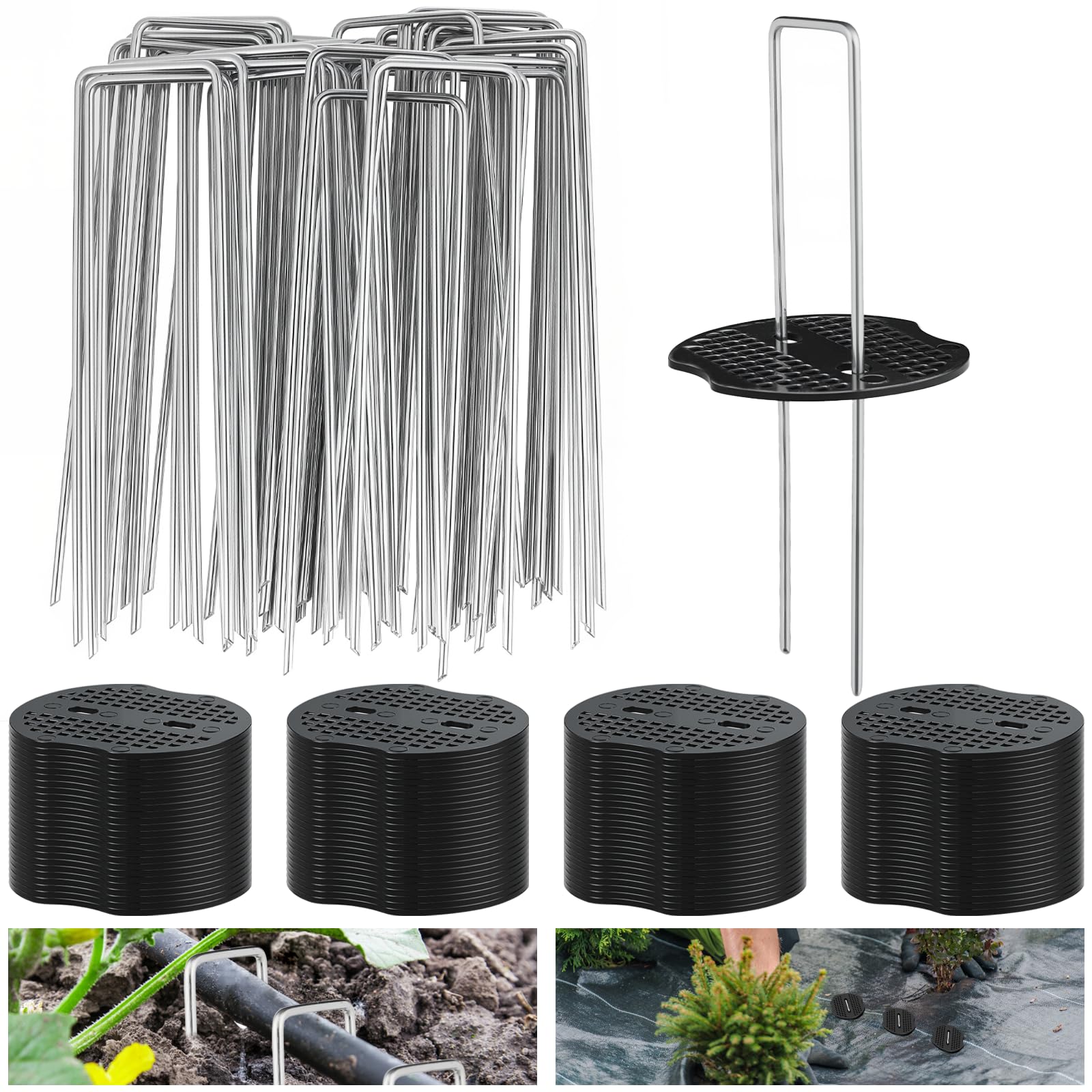 Photo 1 of 200 Packs Garden Stakes Staples 6 inch Landscape Fabric Pins Lawn 100Pcs U Shaped Galvanized Staples Ground Stakes Landscaping Pins with 100Pcs Gasket for Weed Barrier Plant Cover Decorations