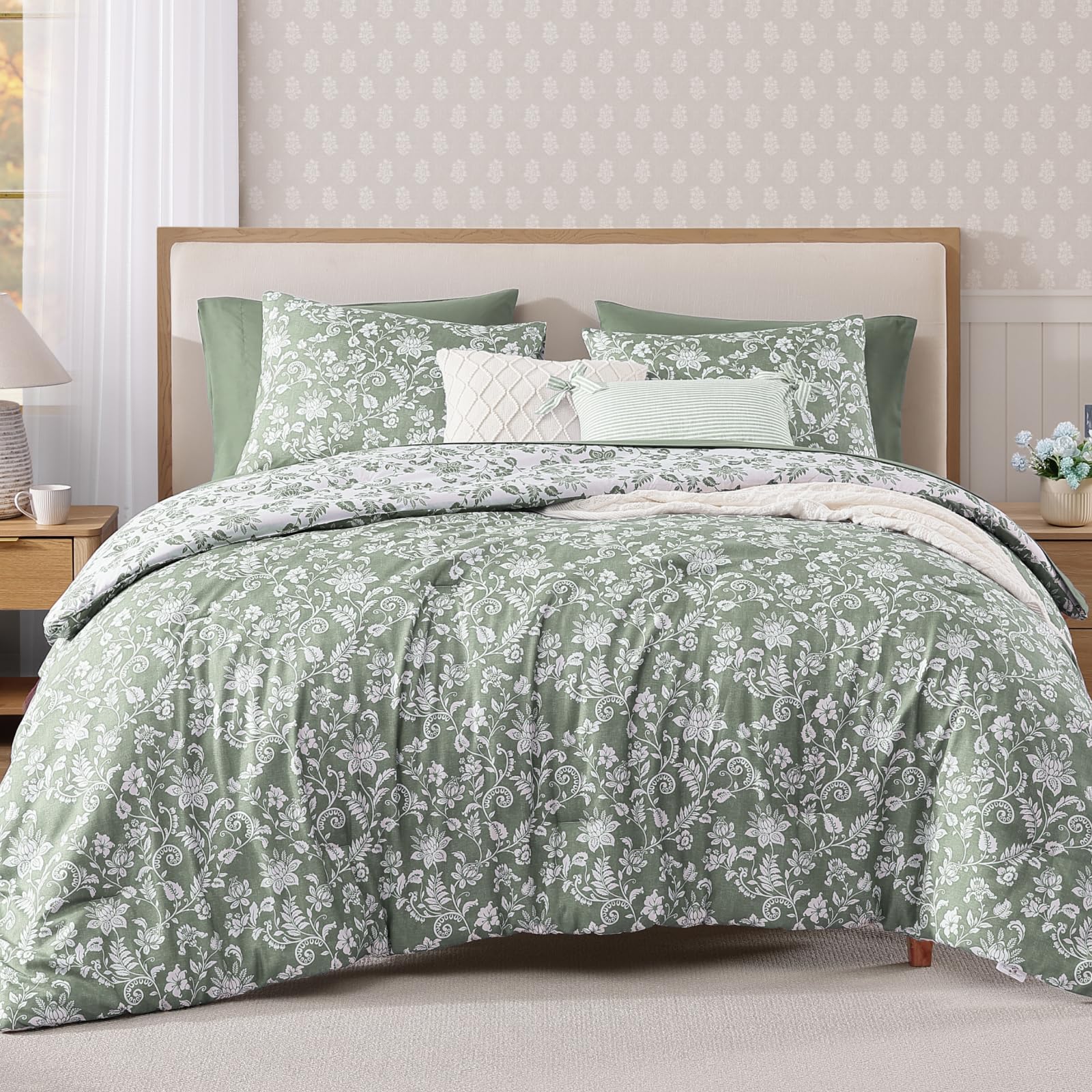 BLOOMHAVEN Full Comforter Set -7 Pieces Floral Grey Green Comforter Set for All Seasons, Bed in a Bag Full with Botanical Flowers Comforter, Sheets, Pillowcases & Shams Image