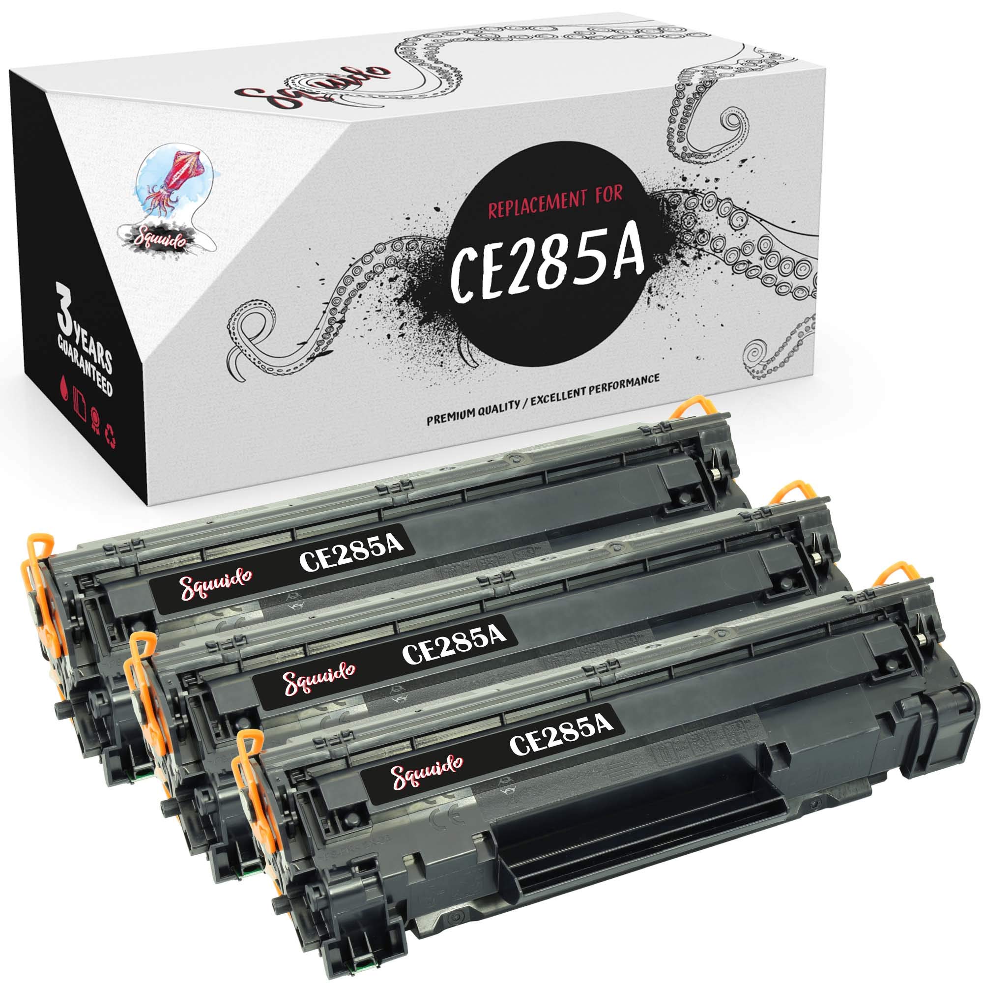Squuido 3 toner cartridges CE285A compatible with HP LaserJet Pro P1102 P1102w P1100 M1130 M1210 MFP M1212nf M1213nf M1217nfw M1132 M1134 M1136 P1103 P1104 P1104w P1106 | High Yield 1600 pages