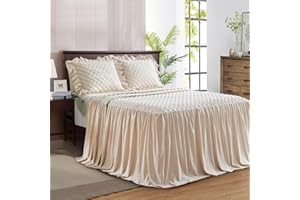 UOZZI BEDDING Ruffle Skirt Bedspread Set - 30" Long Drop - Vintage Cream White Chic Ruffled Summer Coverlet Bed Spread Quilt Boho Bedding Farmhouse Style Lightweight Luxurious Rustic 3 Piece Set Queen Size Beige