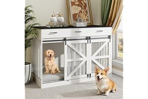 kepptory 48 Inch Large Dog Crate Furniture with 3 Storage Drawers, Wooden Pet Kennel with Removable Divider, Dog Kennel End Table TV Stand, Farmhouse Style Dog Crates with Sliding Barn Door (White)