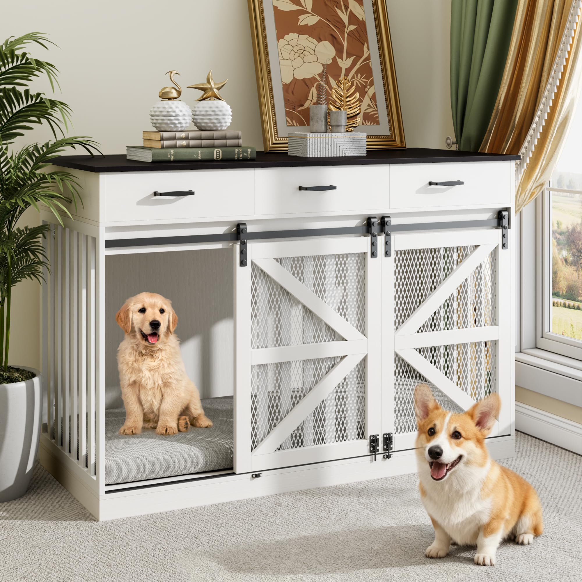 Photo 1 of kepptory 48 Inch Large Dog Crate Furniture with 3 Storage Drawers, Wooden Pet Kennel with Removable Divider, Dog Kennel End Table TV Stand, Farmhouse Style Dog Crates with Sliding Barn Door (White)