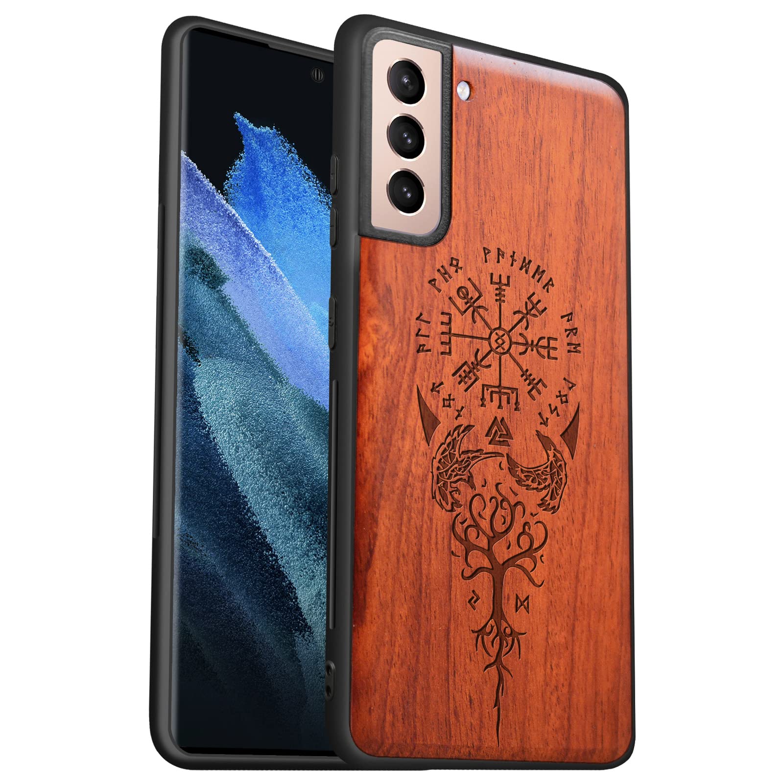 Carveit Wood Case for Galaxy S21 - Hybrid Protective Cover - Real Wood & Soft TPU - Viking Compass Vegvisir (Rosy)