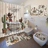 Nuanchu 6 Pcs Halloween Shower Curtain Set with Rug Western Bathroom Sets | Funny Skull Cowboy Bathroom Decor with Shower Curtain Bath Mat U Shaped Mat Toilet Lid Cover 2 Bath Towel and 12 Hooks