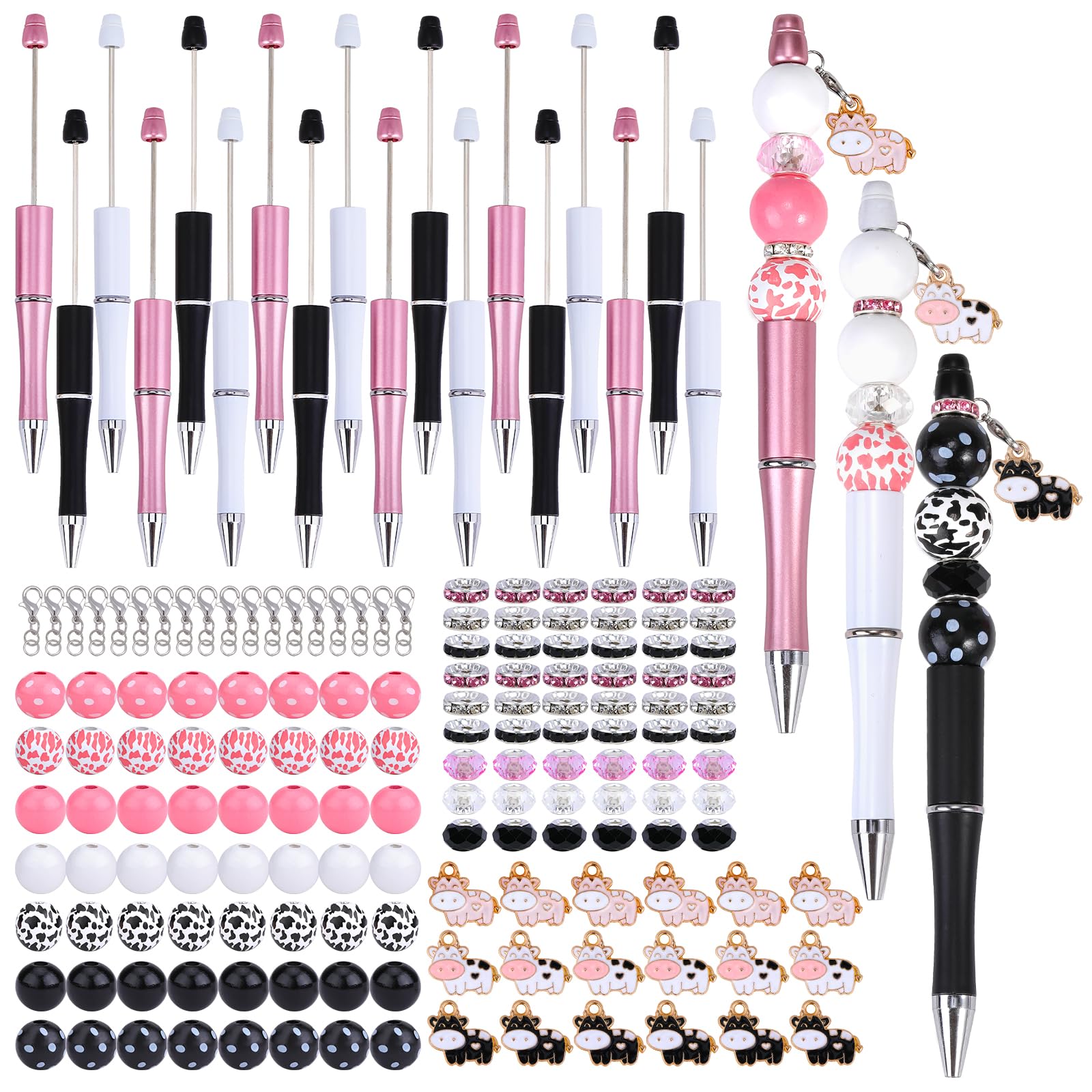 WEWAYSMILE 18 Pieces Beadable Pen DIY Cow Series Ballpoint Pen Set in Black Ink, with 110 Various Beads, 18 Pcs Lobster Clasps, 18 Cow Pendants, DIY Gifts Crafts Office Supplies