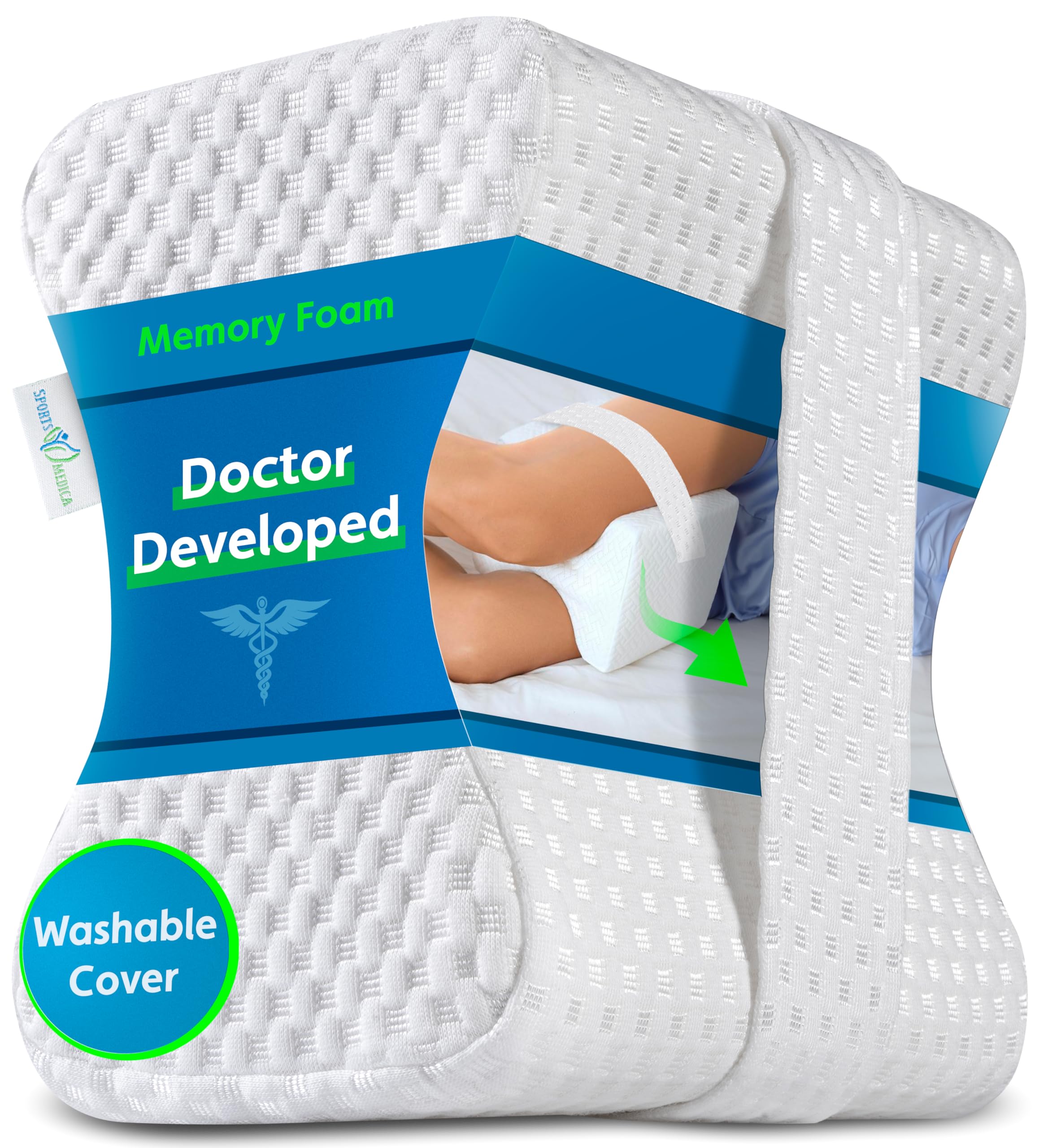 Sports Medica Knee Pillow - Washable Cover Memory Foam Leg Pillow for Sleeping on Side - Doctor Developed eHandbook - Sleeping on Back - Hip Support and Alignment, Pain Relief - Side Sleeper cushion