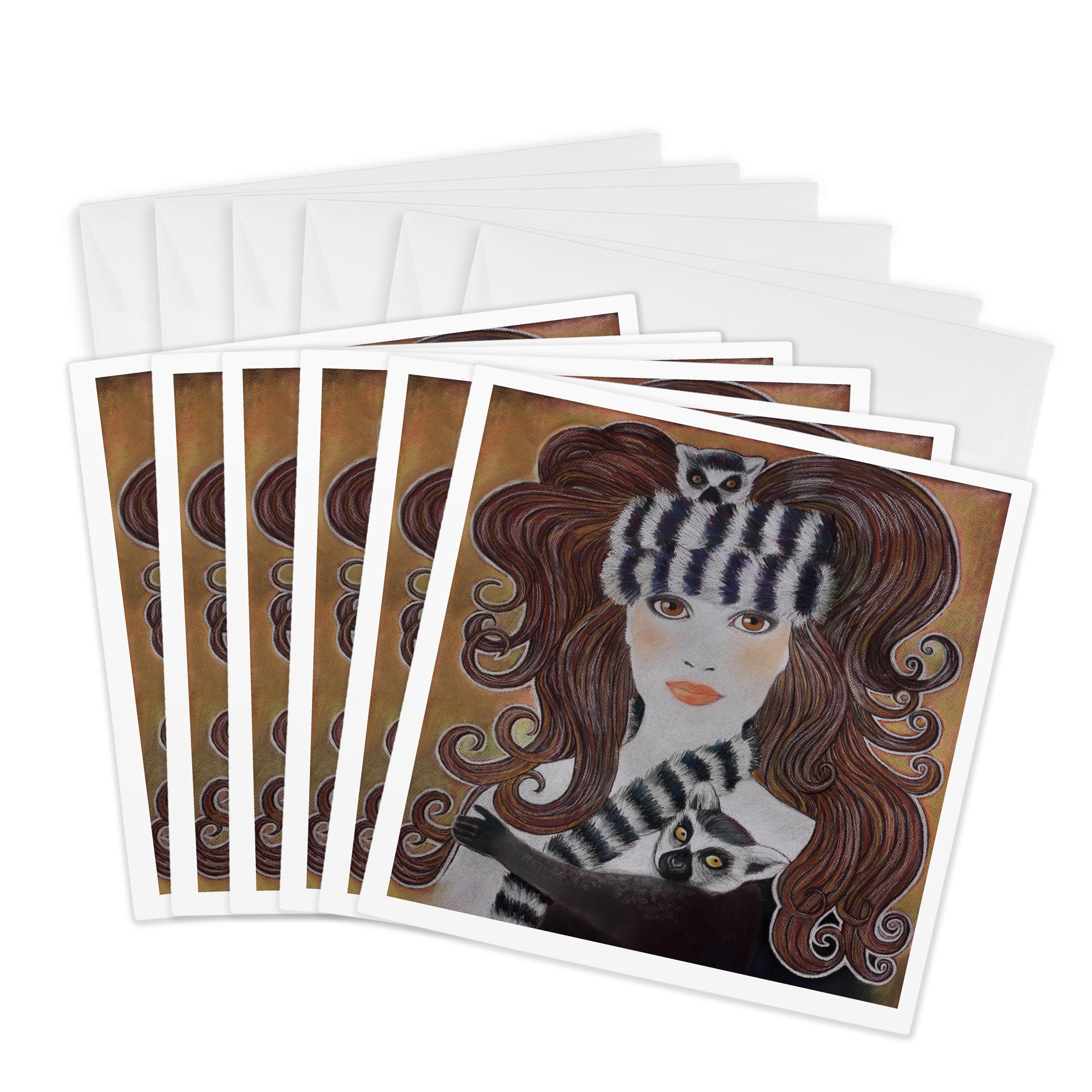 3Drose Stylized Art Lemurs Wild Animal Madagascar Woman Hat Whimsical Pastel Painting - Greeting Cards, 6 by 6-inches, Set of 6 (gc_23279_1)