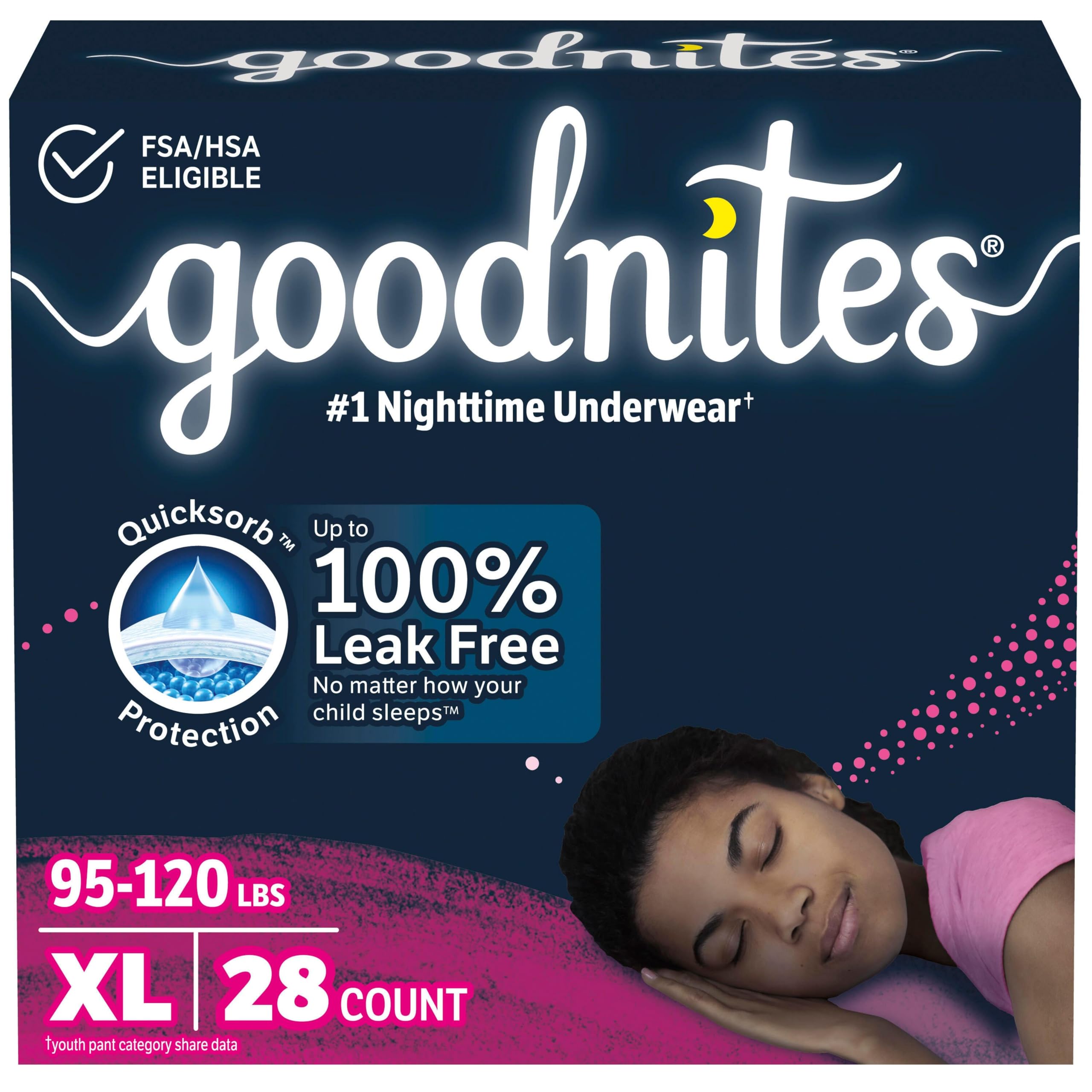 Photo 1 of Goodnites Girls' Nighttime Bedwetting Underwear, Size Extra Large (95-120 lbs), 28 Ct (2 Packs of 14), Packaging May Vary