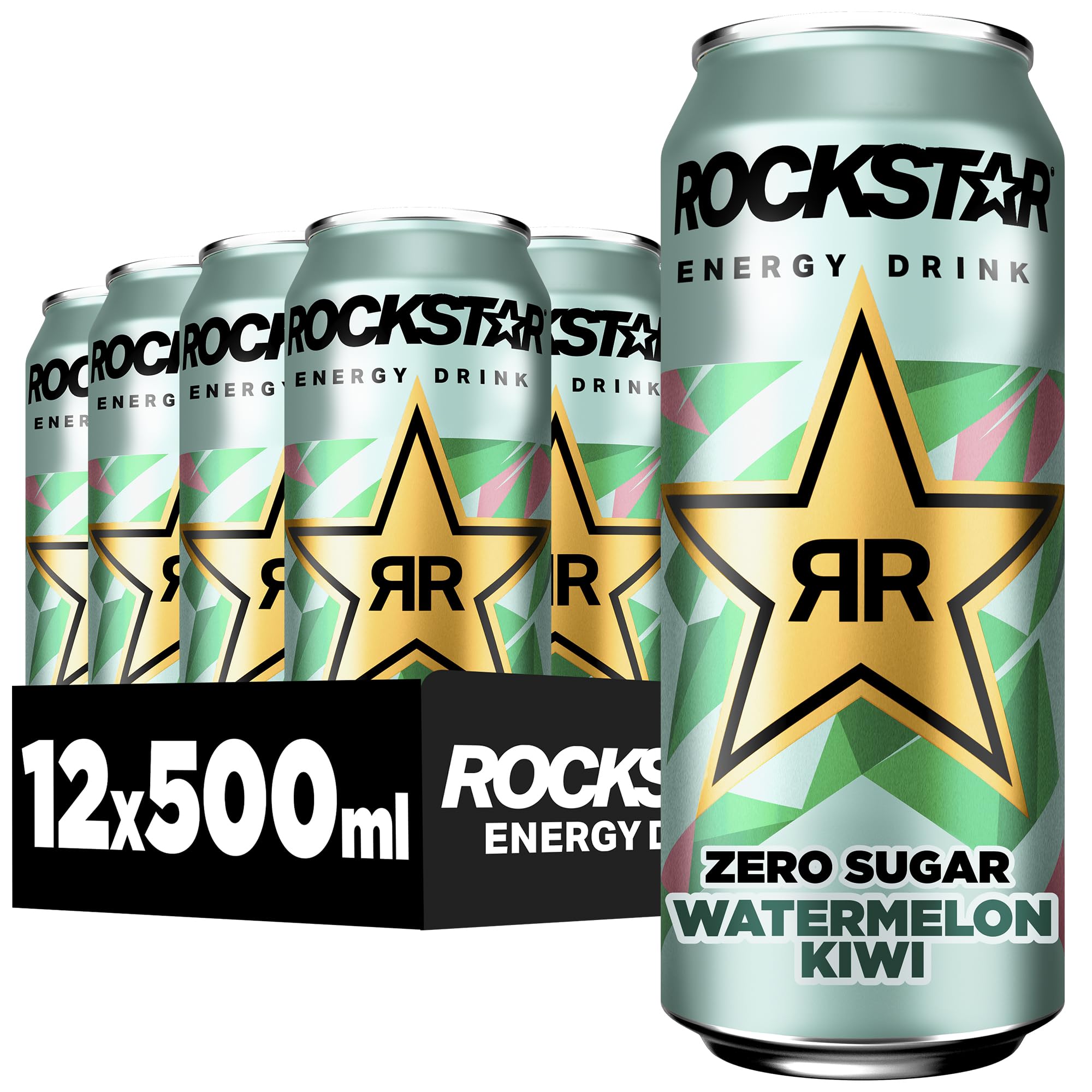 Rockstar Energy Drink Watermelon Kiwi Geschmack - Zero Sugar - Koffeinhaltiges Erfrischungsgetränk ohne Zucker für den Energie Kick, EINWEG (12 x 500ml) (Verpackungsdesign kann abweichen)