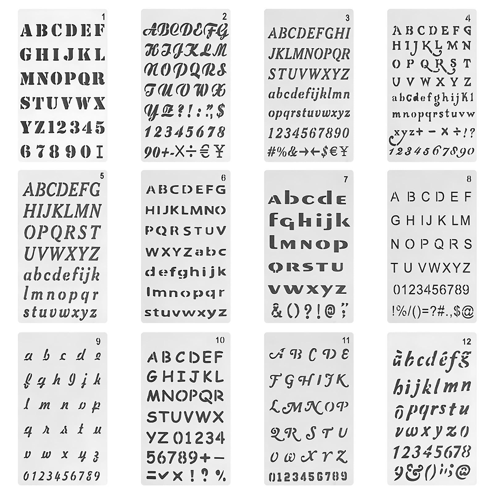 12 Pcs Reusable Plastic Calligraphy Stencils - 4x7 Inch Alphabet & Number Stencils for Kids Drawing, Journal, Planner, Scrapbook & DIY Craft Projects