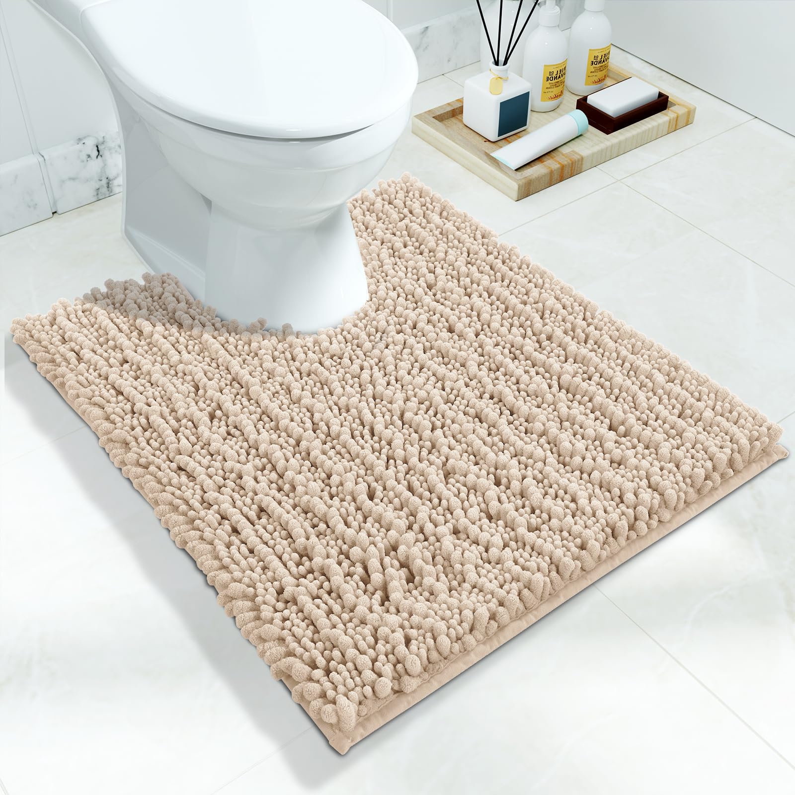 Photo 1 of Yimobra Toilet Rug U Shaped Washable 24x20 Inch - Ultra Soft Absorbent Chenille Bath Rugs for Toilet, Quick Dry & Machine Washable, Non Slip Contour Bathroom Mat, Light Brown