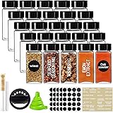 CUCUMI 25 Pcs Glass Spice Jars with Labels, 4oz Square Seasoning Jars with Black Lids for Spice, Silicone Collapsible Funnel,