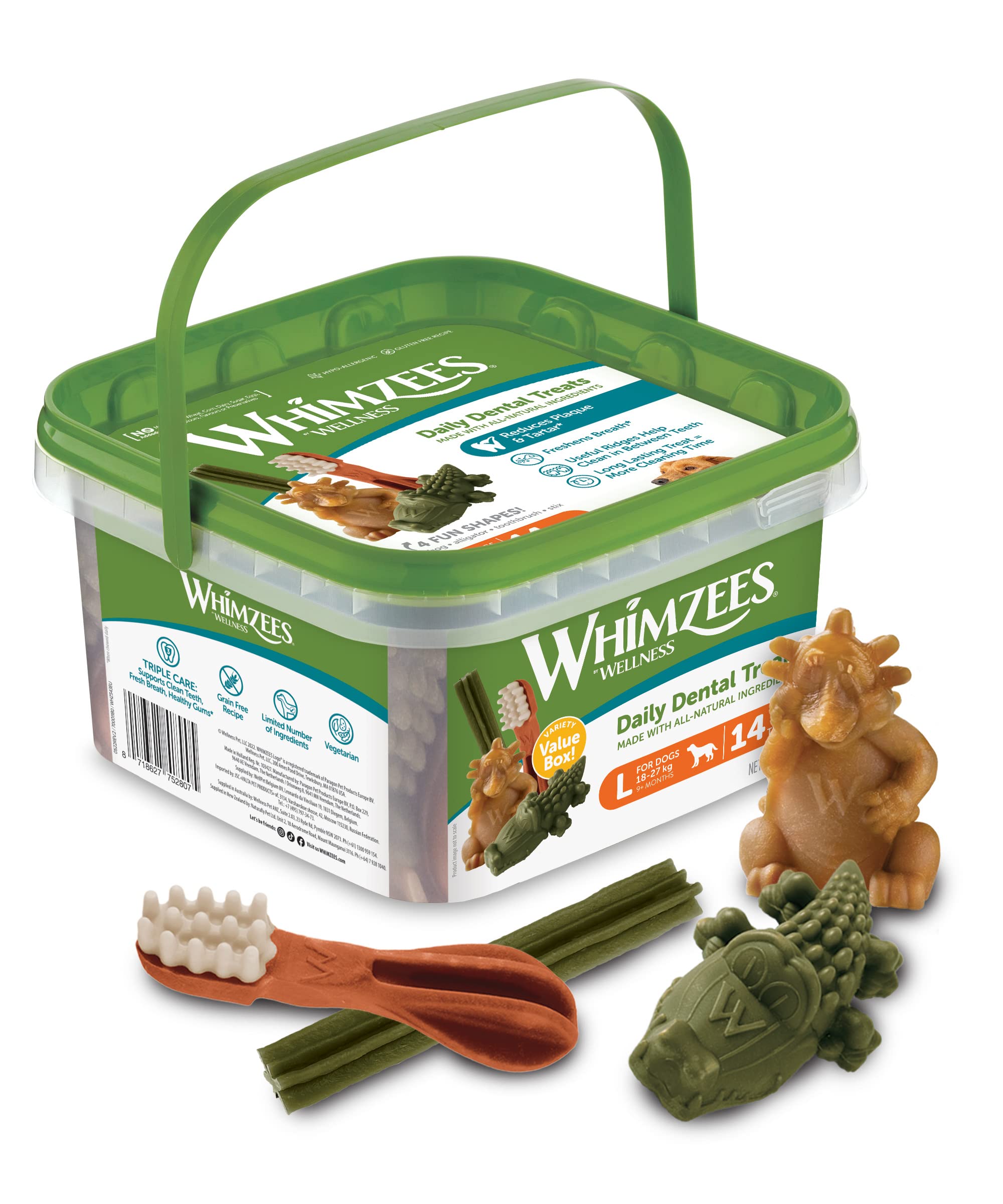 WHIMZEES Variety Box Dental L, 14 Pieces – Mixed Shapes, Size L, Dog Chews for Large Breeds, Natural and Grain Free, Rawhide-Free, Vegetarian, No Added Sugar