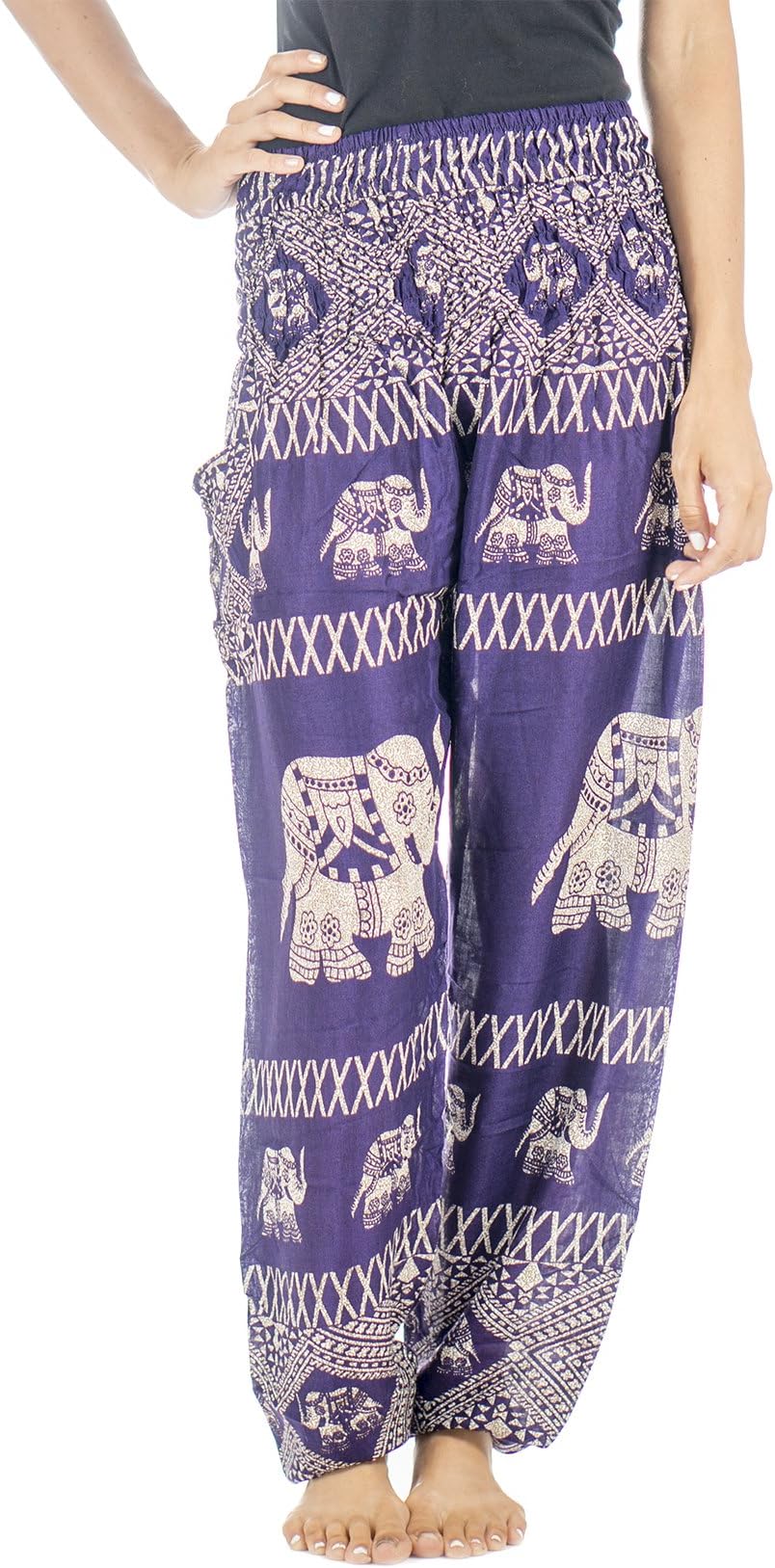 Tori Wear Harem Pants Smocked Elastic Waist Hippie Pants,White2,One Size,Purple4,One Size