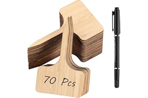 CJFOCUS 70Pcs Bamboo Plant Labels with 1 Marker Pen, T-Type Natural Seedling Nursery Sign Tags, Wood Garden Markers Decorative Patio Tags for Outdoor Indoor Potted Plants Herbs Flowers Vegetables