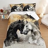 UEVBF Black White Horses Comforter Set Queen Size,Golden Ink Painting Flora Bedding Set for Kids and Adults Bedroom Horse Decor,Wild Animal Theme Art Aesthetics Comforter Set with 2 Pillowcases.