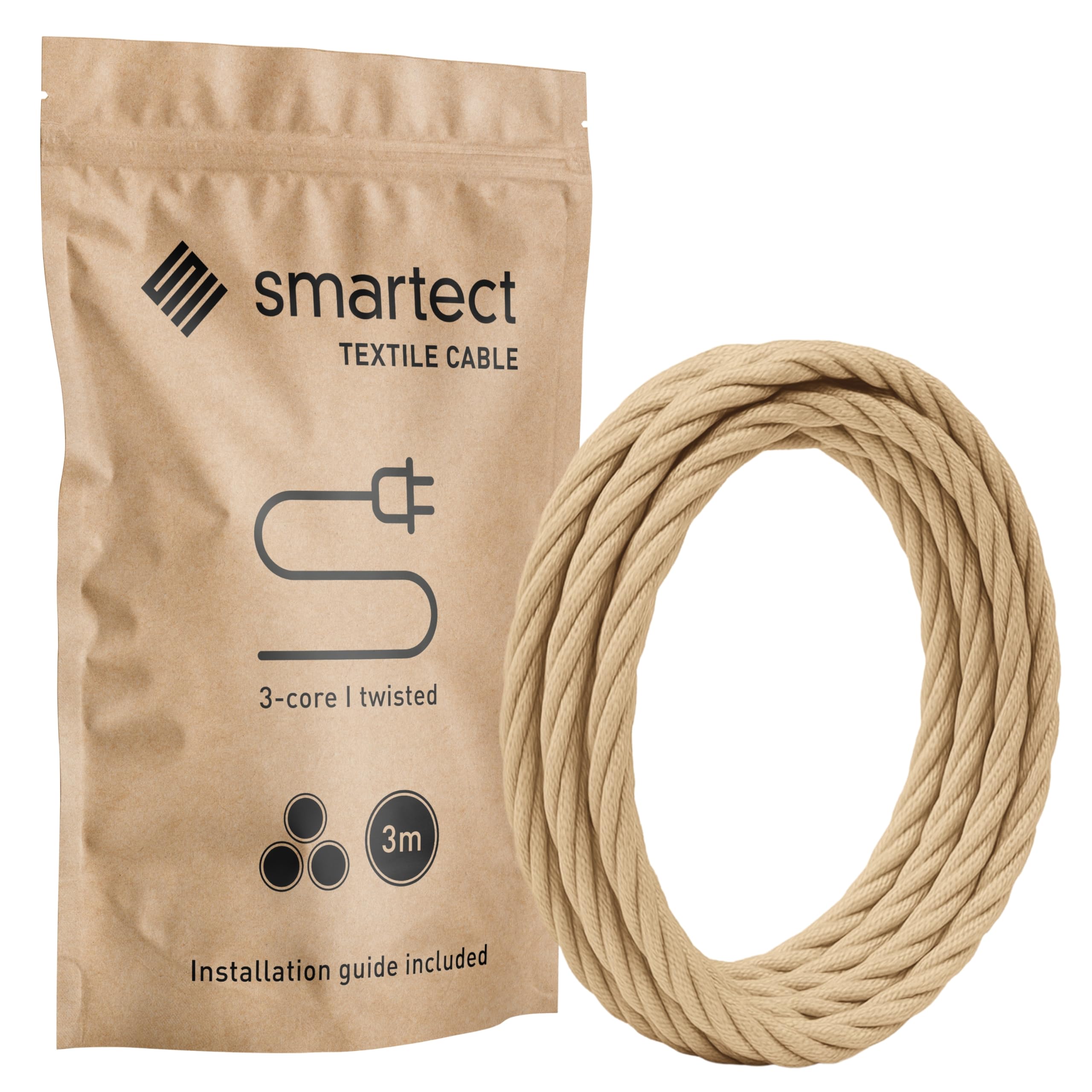smartect Braided Cable twisted, Light Brown, 3 Metres 3 Core Electrical Cable (3 x 0.75mm²) Vintage Fabric Electrical Wire for your DIY project