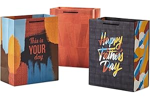 Hallmark Mahogany 11" Large Father's Day Gift Bag Bundle (3 Bags: Happy Father's Day, Patterned Triangles, This is Your Day) Dark Gray, Yellow, Blue, Orange