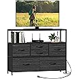 Simoretus TV Stand with Power Outlet and Fabric Drawers Entertainment Center for TV up to 45 inch Industrial Open Storage Shelf Media Console for Living Room Charcoal Black
