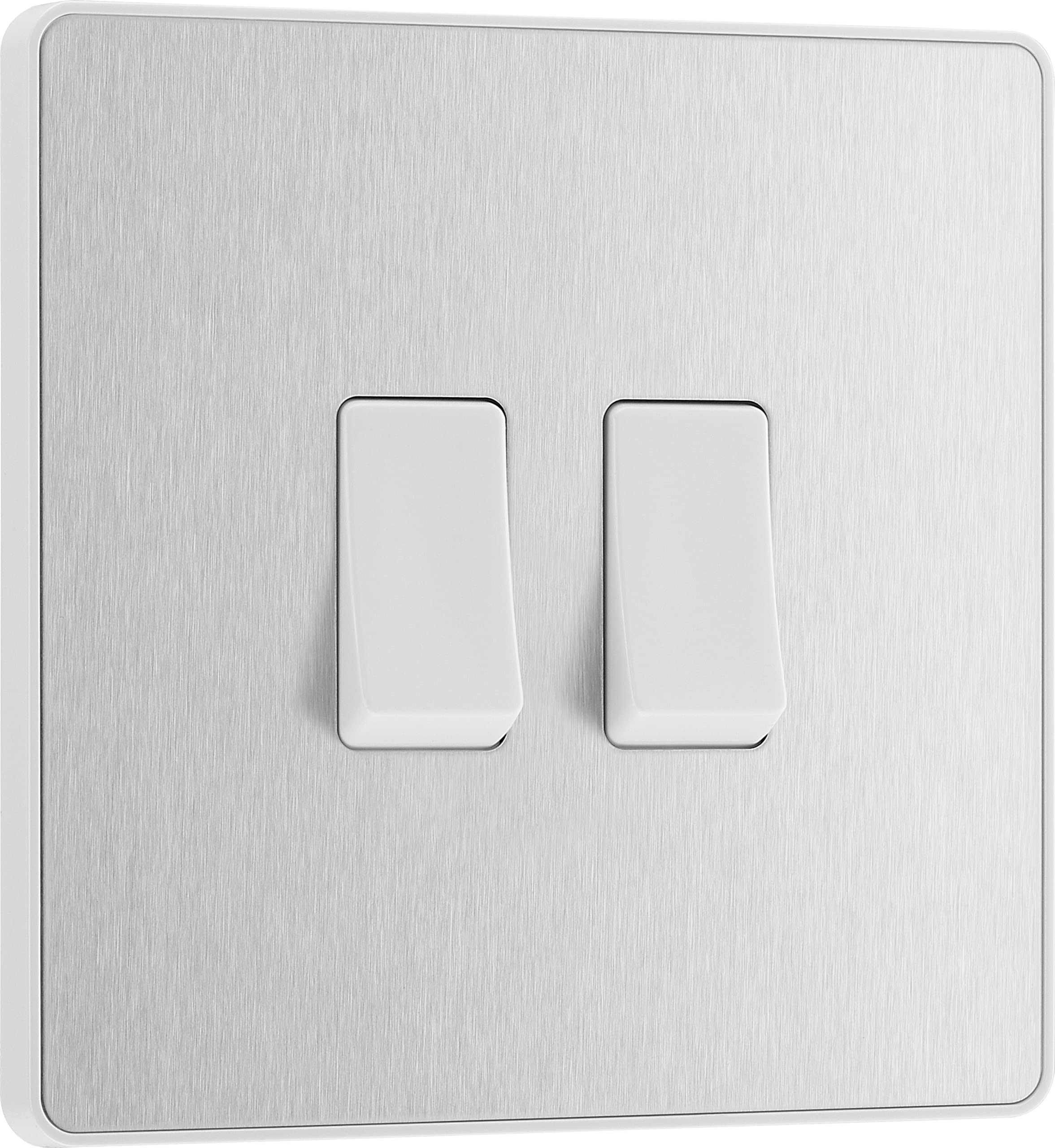 BG Electrical Double Wall Light Switch, 2 Way, Screwless Front Plate, Round Edges, Evolve, Brushed Steel, 20A, 16AX, PCDBS42W