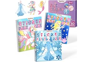 PERRYHOME 3PCS Sticker by Number Paint Books for Girls Ages 4-8, Unicorn Mermaid Frozen Themes Sticker Activity Books, Girls Crafts Party Birthday Christmas Gifts Toys
