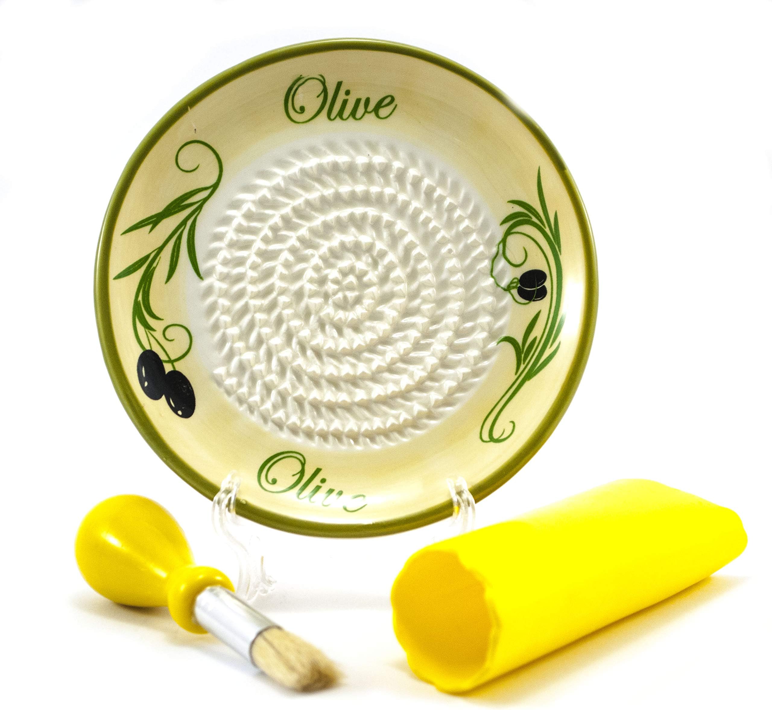 All-in-one Ceramic Garlic Grater set by- CA primeproducts -New Yellow Olive design with Garlic Peeler, Kitchen Brush, and BONUS Display Stand!