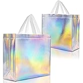 Nush Nush Iridescent Gift Bags Large - Set of 12 Reusable Holographic Large Gift Bags with Handles - Party Favor Bag for Birthdays, Bridesmaids, Weddings, Holidays, Valentines, Events - 13"Wx5"Dx11"H