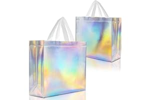 Nush Nush Iridescent Gift Bags Large Size – Set of 12 Stunning Reusable Holographic Gift Bags With White Handles - Perfect As