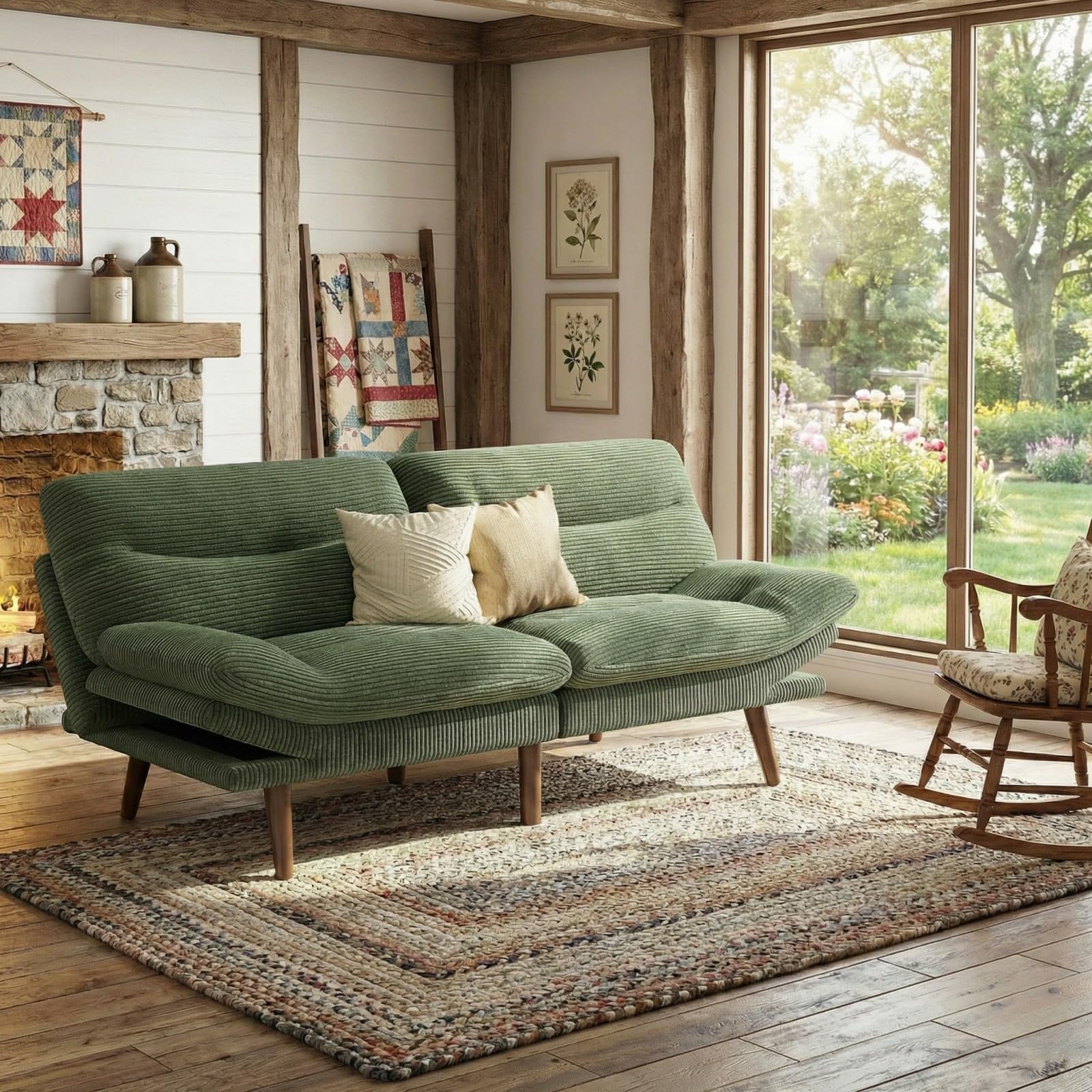 Photo 1 of ***cushion only***Marsail Futon Sofa Bed, 66” Futon Couch with Adjustable Backrest & Armrests, Convertible Small Sleeper Sofa Bed for Small Apartments, Study Room, Office, Corduroy Loveseat, Olive Green