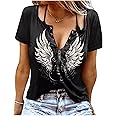QIUJIEPENG Womens Vintage Rock Music Shirts Sexy V Neck Tee Tops for Women Summer Casual Loose Fit Short Sleeve T Shirts