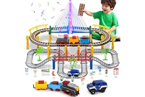 VUNRAHSG Electric Train Set for Kids Ages 4-8 with Train Tracks Set & Car Tracks Lights Up Bridge Road Sign Realistic Sound Train Track Accessories Playset Boy Toys Birthday 4 5 6 7 8+ Year Old