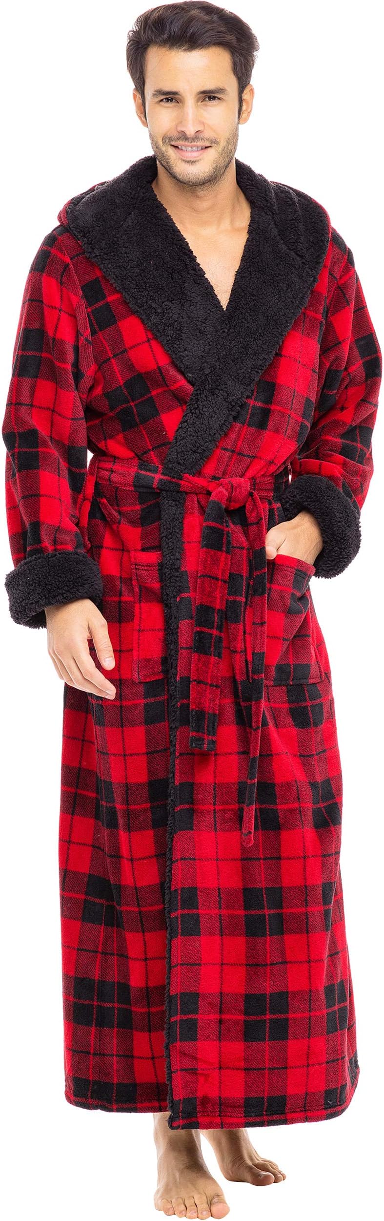 Alexander Del RossaMen’s Long Hooded Sherpa Robe, Hooded Big and Tall Plush Fleece Hoodie Bathrobe