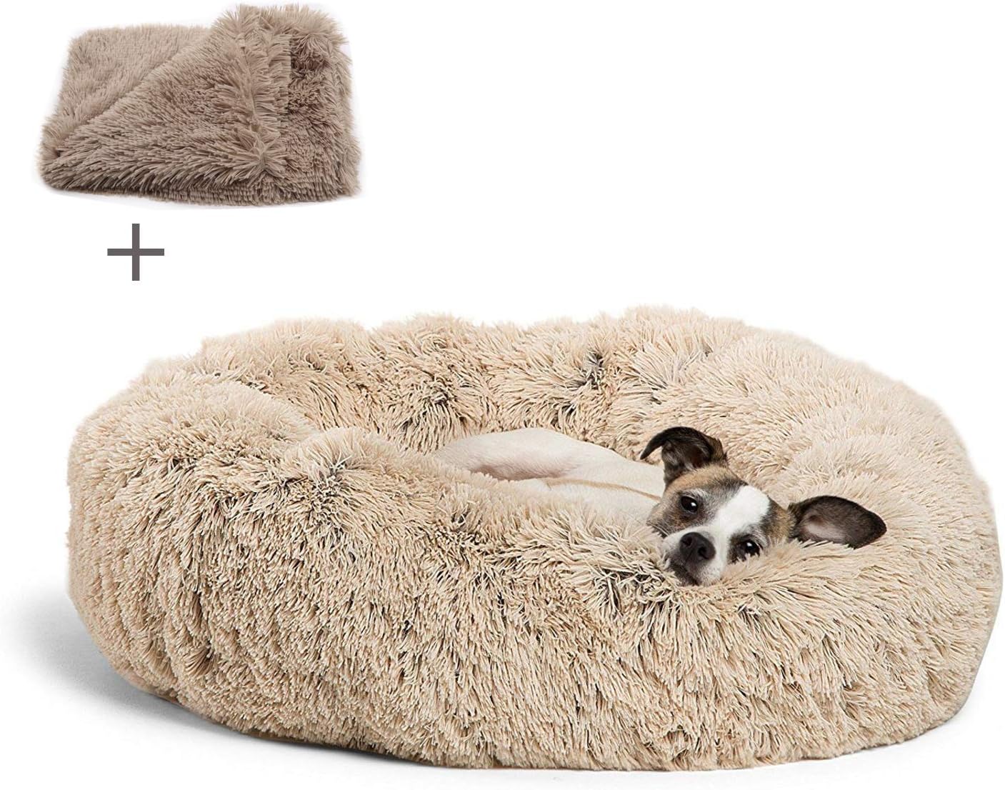 Round Pet bed, Plush Soft Washable Self-Warming Calming Dog Bed Donut Cuddler Round Dog Bed Comfortable for Sleeping Winter (70cm, Beige)