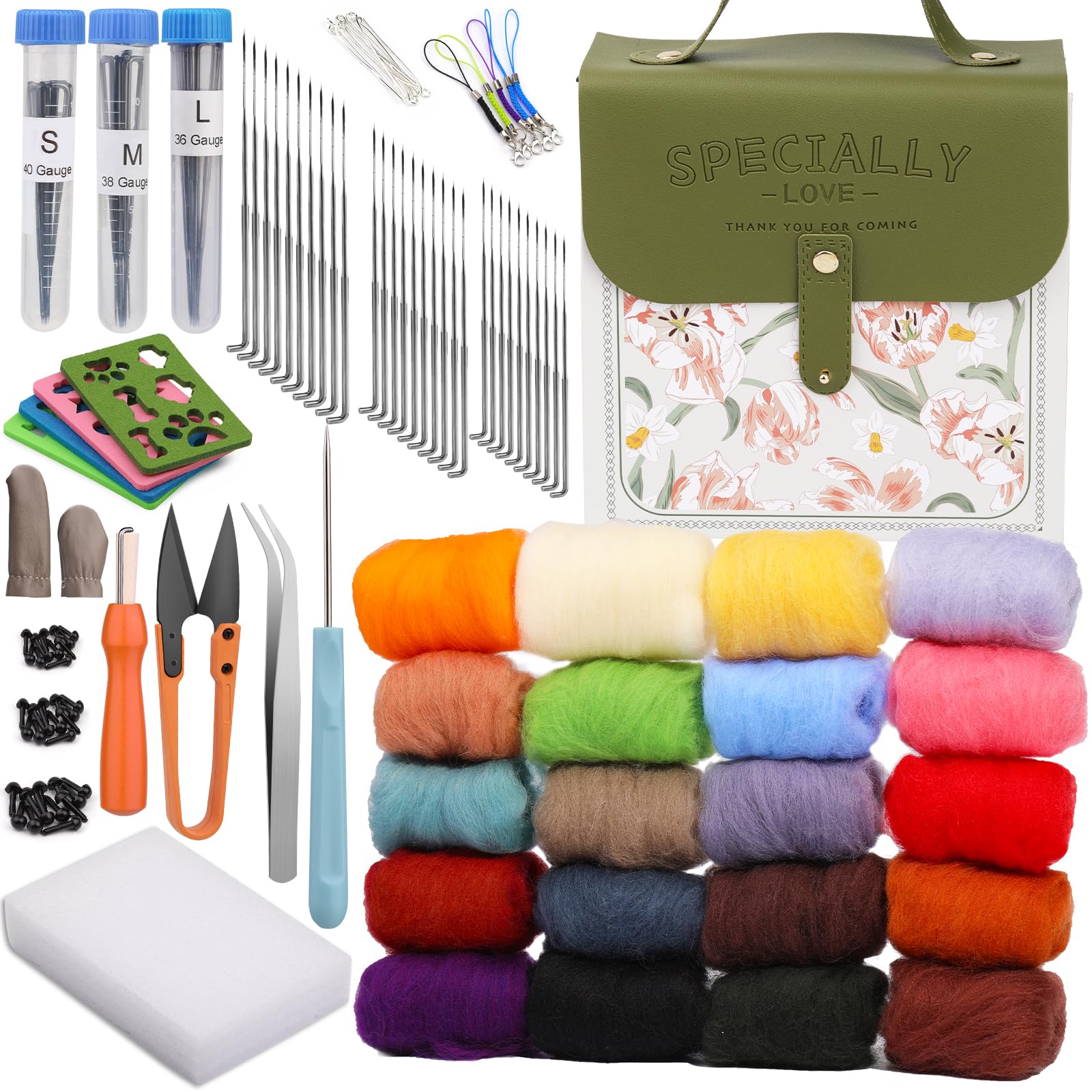Qzma Needle Felting Kit, Wool Roving 20 Colors Set, Wool Felting Kit Felt Molds with Portable Storage Bag for DIY Craft Home Decoration