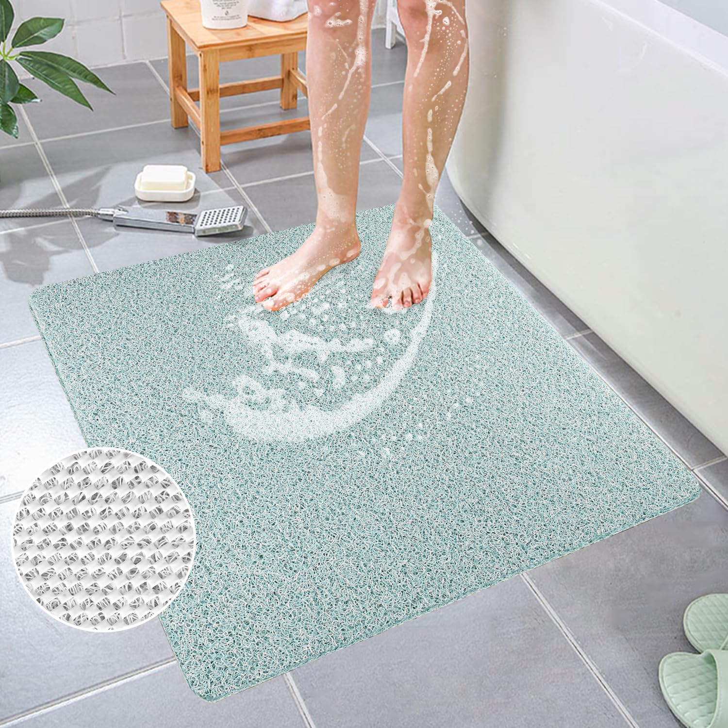 Square Shower Mat, Non Slip Anti Mould Bath Mat 80 x 80 cm, Loofah Shower Mats for Inside Shower, Washable Bath Mats with Drain, Quick Dry Bath Mat for Bathroom Floor, Bathtub Mat for Elderly