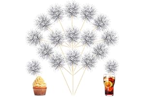 Chinco 100 Pcs Foil Firework Cupcake Toppers Sparkle Tinsel Cake Toppers Cake Decoration Cocktail Fruit Toothpick for Birthday Wedding Graduation Party(Silver)