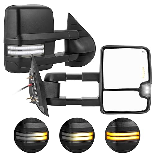 AUTOSAVER88 Towing Mirror Compatible with 2007-2014 Silverado Sierra 1500 2500 3500 HD/Avalanche/Suburban, Power Heated Switchback LED Turn Signal Light (Black inside) Manual Telescoping Folding