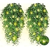 RECUTMS Artificial Hanging Plants with Lights 4Pcs 33Inch Faux Wall Eucalyptus Leaves Plant UV Resistant Fake Ivy Vines Greenery for Indoor Outdoor Bedroom Porch Garden Home Party Spring Decor (Green)