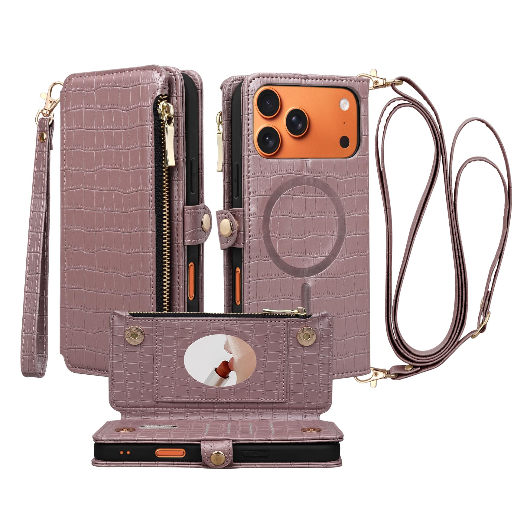 Photo 1 of Stylivolve Crossbody Wallet Case for iPhone 17 Pro Max with Mirror, Wrist Strap, Zipper Purse Magnetic Flip, RFID Blocking Card Holder, Wireless Charging, PU Leather Shockproof 6.9" Women (Rose Gold)