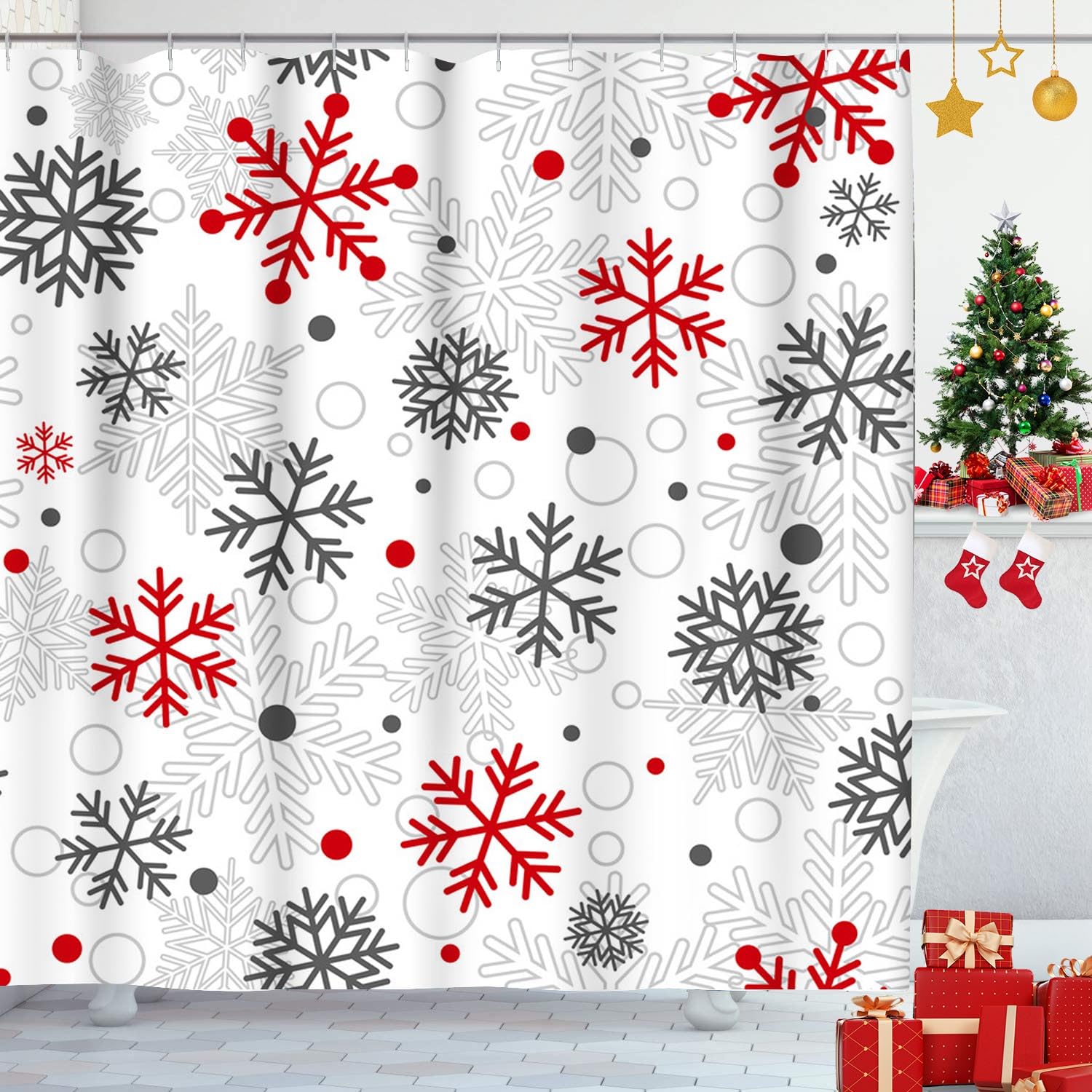 Emvency Decorative Shower Curtain Abstract Christmas of Big and Small Snowflakes Red Gray on White Blizzard 72"x72" Waterproof Bathroom Shower Curtain Set with Hooks