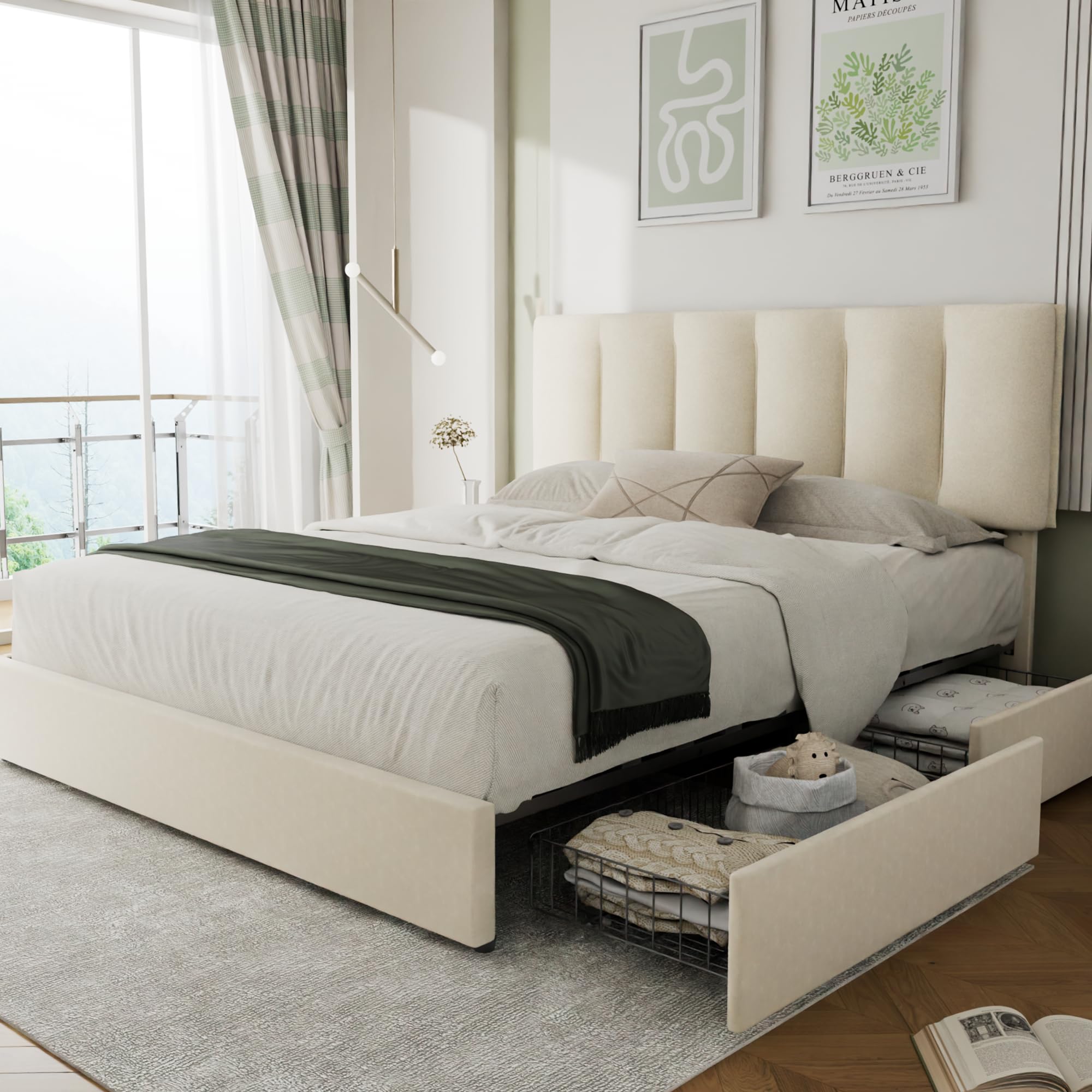 VECELO Full Size Bed Frame with 4 Storage Drawers, Adjustable Height ...