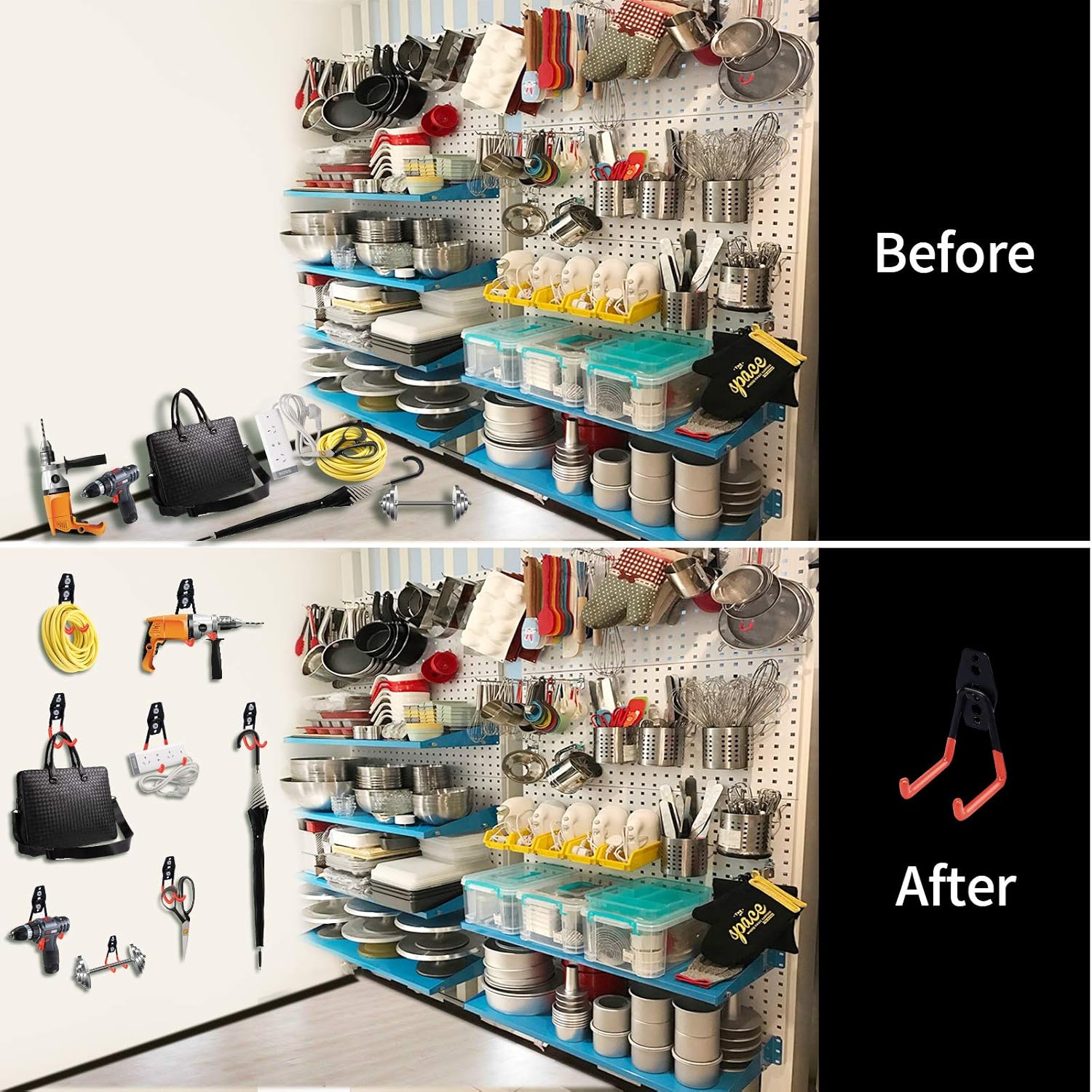 Garage Hooks Double Heavy Duty 14 Pack Steel Garage Storage System Hooks, 10 lbs of Additional Support, Wall Mount Hooks Garage Hanger & Organizer for Organizing Power Tools, ladders, Bikes(Orange) - - 