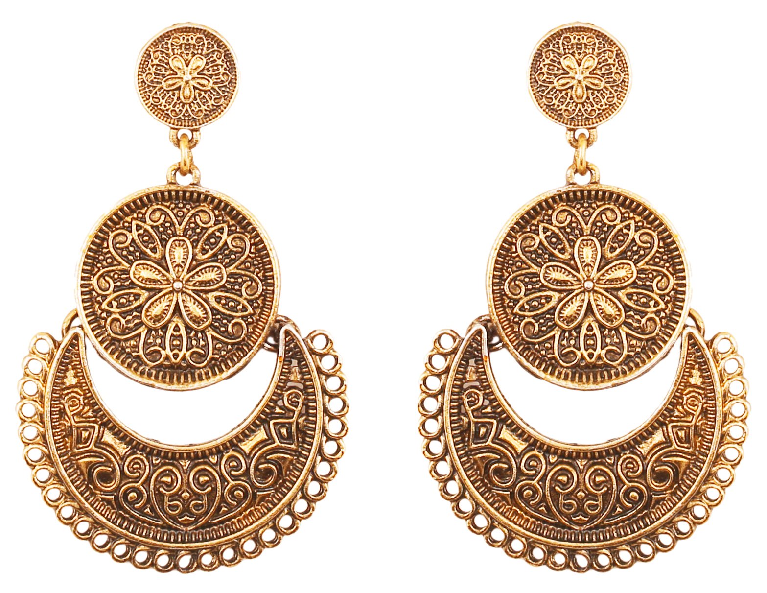 Touchstone Indian Bollywood pretty fringes and floral theme ethnic south Indian Chandbali Moon bridal designer jewelry chandelier earrings for women in antique gold tone and oxidized
