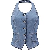 Allegra K Denim Vest for Women's Halter Neck Button Down Backless Jean Waistcoat