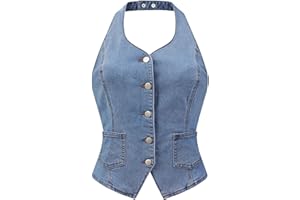Allegra K Denim Vest for Women's Halter Neck Button Down Backless Jean Waistcoat