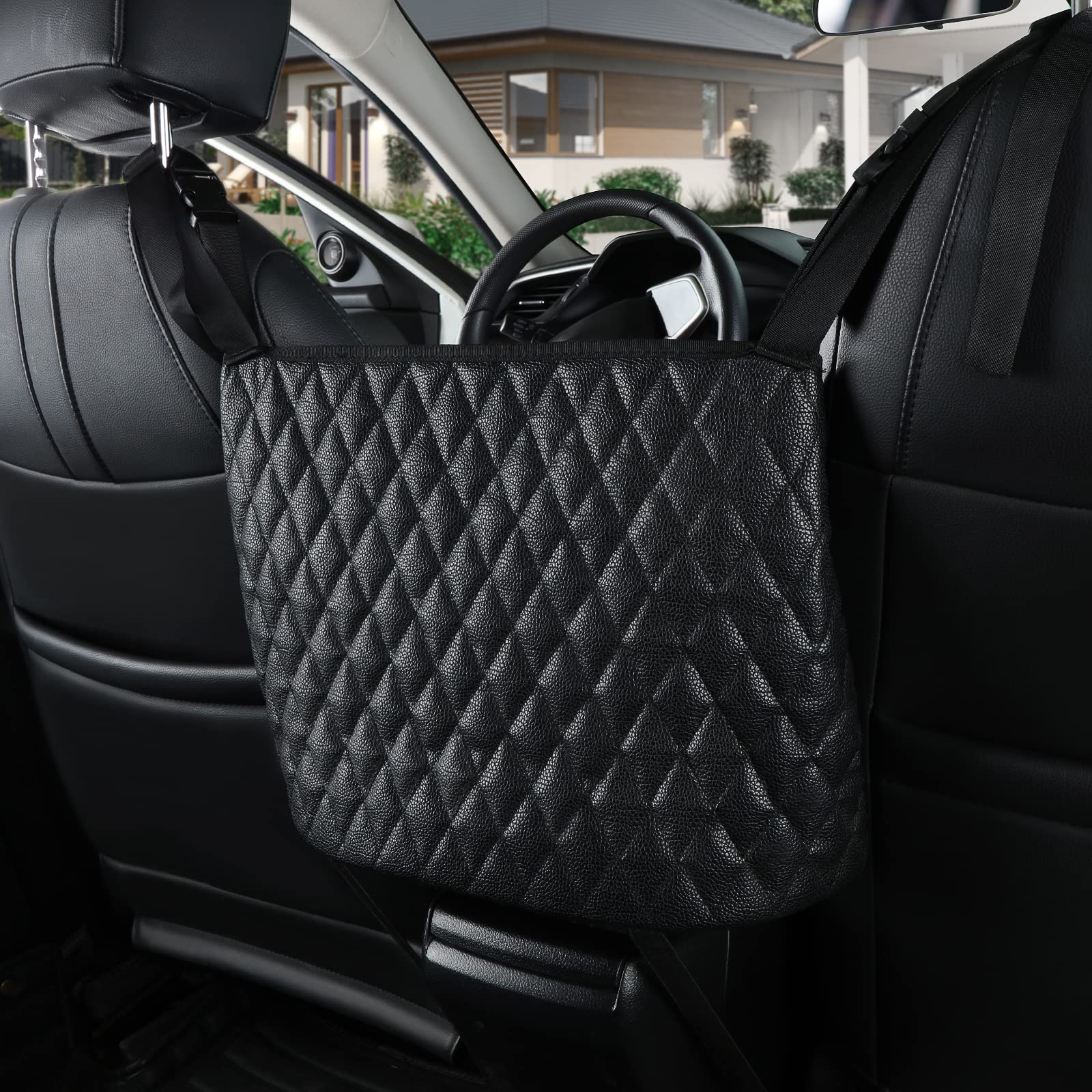 eing Car Organizers And Storage Purse Holder, Large Capacity Car Net Pocket Handbag Holder, Automotive Consoles & Backseat Organizer, Leather Back Seat Bag Between Car Front Seats, Black